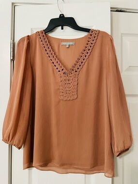 Daniel Rainn Rust Crochet Trim V-Neck Blouse